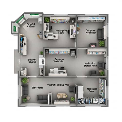 Detailed Layout of Fully Equipped Pharmacy with Specific Areas