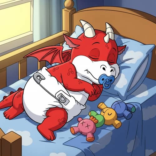 Sleeping Newborn Cartoon Red & White Dragon in Crib