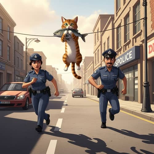 Urban Cat Chase Scene: Animated Tabby Cat Stealing Fish