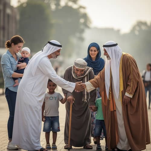 Diverse Group Receives Help from Middle-Eastern Man Outdoors