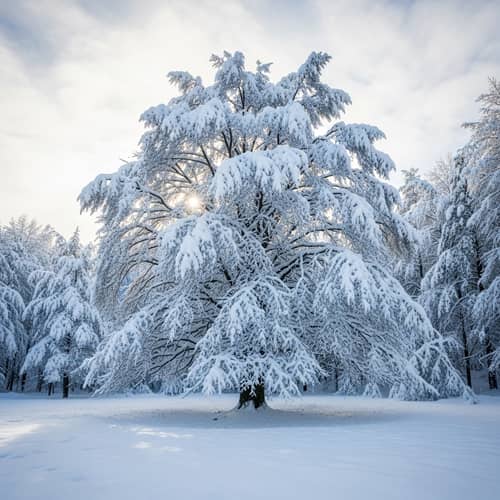 Enchanting Winter Scene with Majestic Snow-Covered Tree