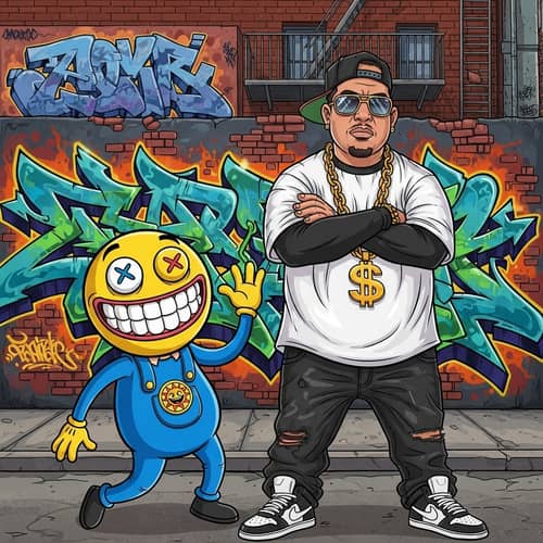 Hip-Hop Style Man With Cartoon Character in Urban Setting