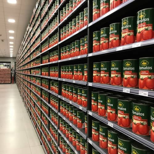 Endless Shelf of Vibrant Tomatoes - Hyper-realistic Stocked Cans