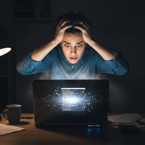 Frustrated Individual Reacting to Overheating Laptop