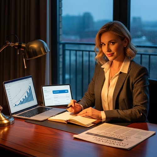 Blond Caucasian Woman Generating Passive Income in Elegant Classic Suit