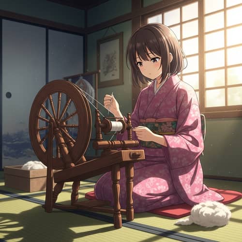 East Asian Girl Spinning Wool on Antique Wheel