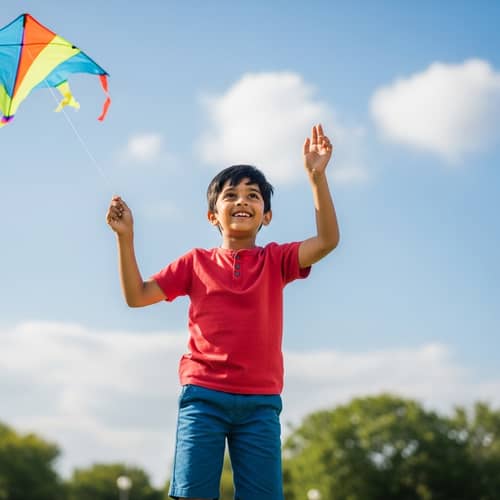 Young South Asian Boy Flying Colorful Kite in Sunlit Park