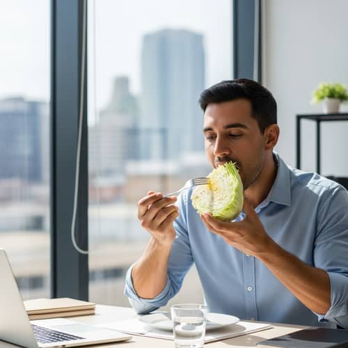 Hispanic Man Eating Cabbage in Office