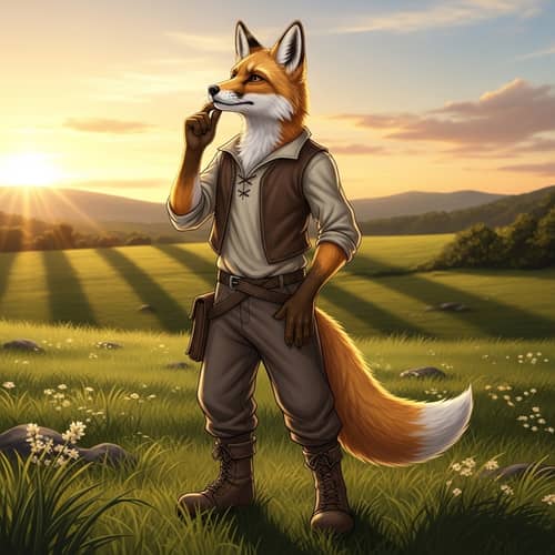 Golden Fur Anthropomorphic Fox in Grassy Meadow