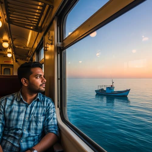 Man on Train Watching Fisherman's Boat in Sea