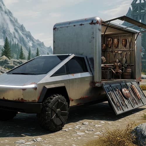 Tesla Cybertruck in Skyrim: Aged Design with Rustic Armory