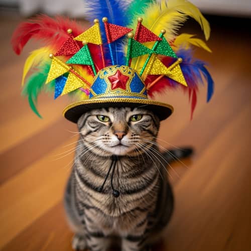 Festive Carnival Cat in Colorful Hat | Happy Indoor Companion