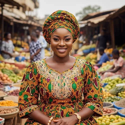 Young Dark Ghanaian Woman in Traditional Attire at Local Market