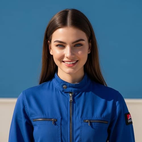 Confident Girl in Blue Jumpsuit with Deep Blue Eyes