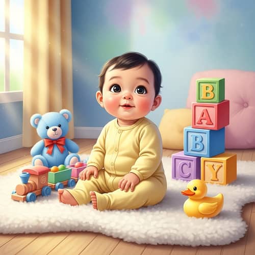 Adorable Asian Baby in Pastel-Colored Onesie Playing with Toys