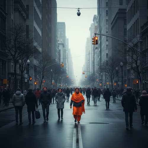 Gloomy City Street with Vibrant Orange Spot | Urban Scene
