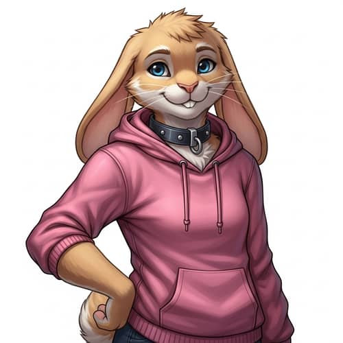 Tan Fur Blue-Eyed Bunny Character in Pink Hoodie Design