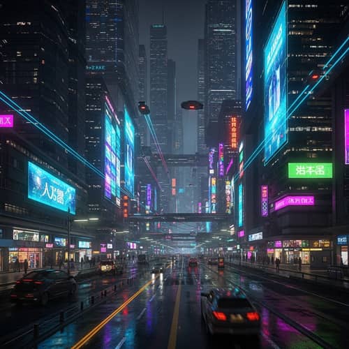 Futuristic Urban Night Landscape with Neon Lights