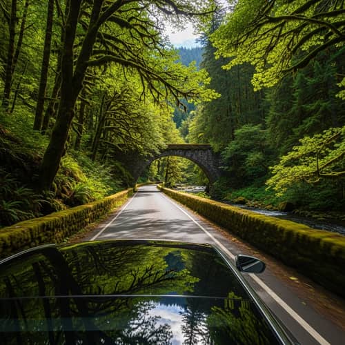 Sleek Car Driving Over Forest Stone Bridge