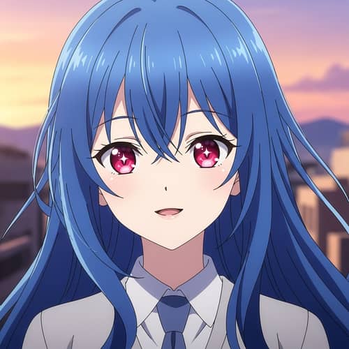 Anime Girl with Blue Hair and Red Eyes