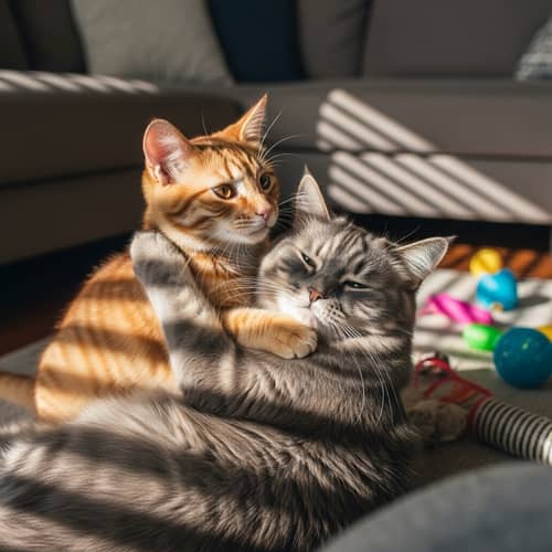 Lovable Ginger Cat Hugging Fluffy Grey Cat | Heartwarming Scene