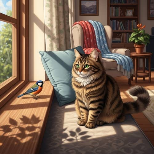 Brown Furry House Cat with Green Eyes by Window | Cozy Home Scene