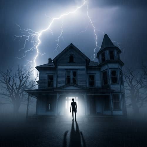Chilling Scene: Lightning Strikes Abandoned Haunted House
