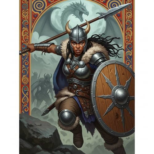 Fierce Female Viking in Vibrant Armor Battling Dragon