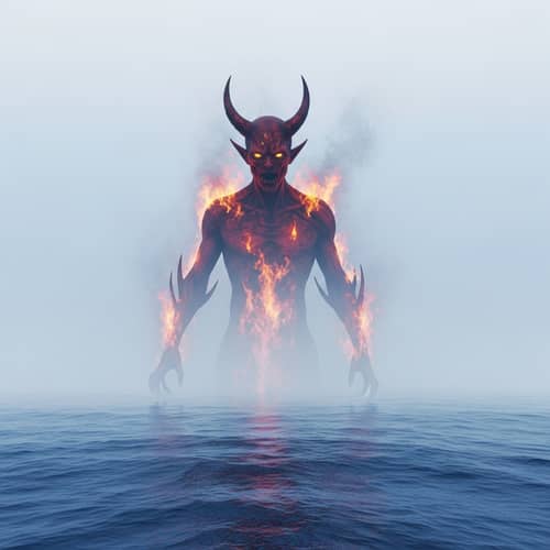 Demonic Entity Emerging from Mist Over Azure Sea