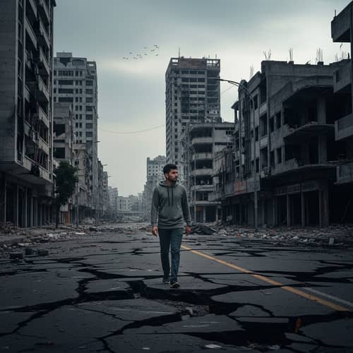 Resilient South Asian Man Walking Through Empty Post-War City