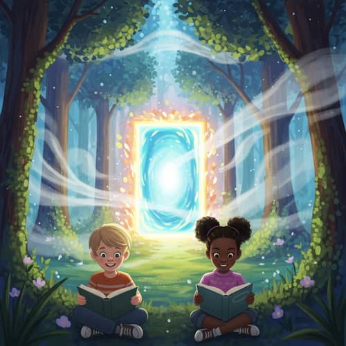 Mystical Forest Portal: Enchanting Scene with Boy and Girl