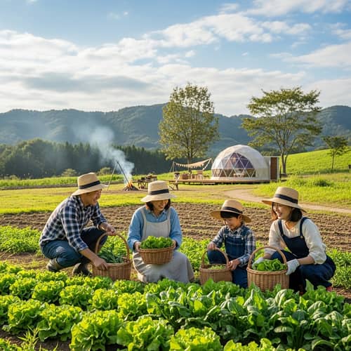 Japanese Family Harvesting Vegetables at Campsite | Country-style Attire