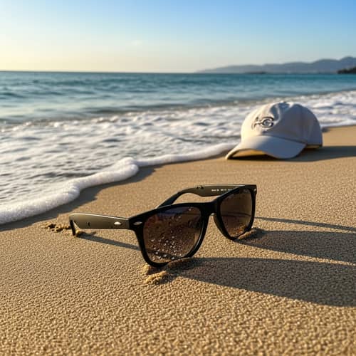 Men's Sunglasses on Sandy Beach Near the Sea