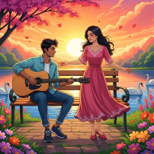 Enchanting Love Song Scene with South Asian Man and Middle-Eastern Woman