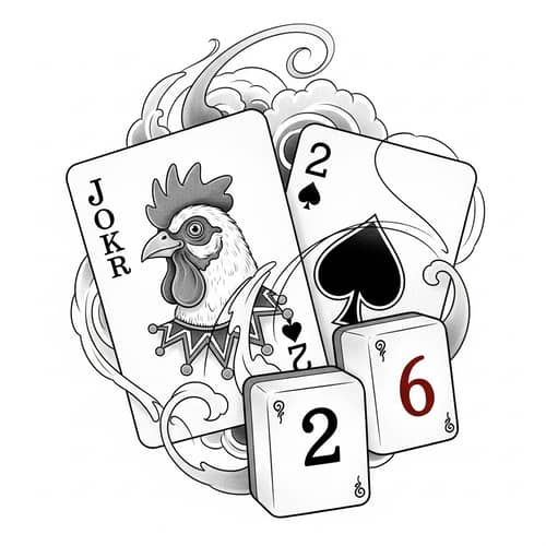 Intricate Tattoo Design with Joker, 2, and Mahjong Tiles