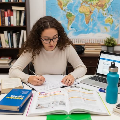 Italian Descent Student Studying English Grammar in Book-Filled Room