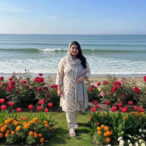 Curvy South Asian Woman in Elegant Garden by the Seaside