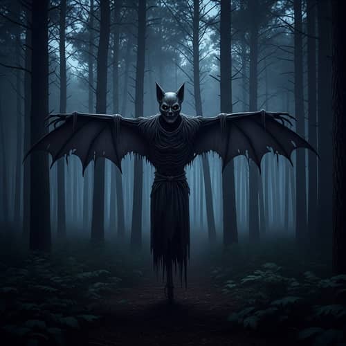 Nightmare Scarecrow Monster: Bat-Like Vigilante in Woods