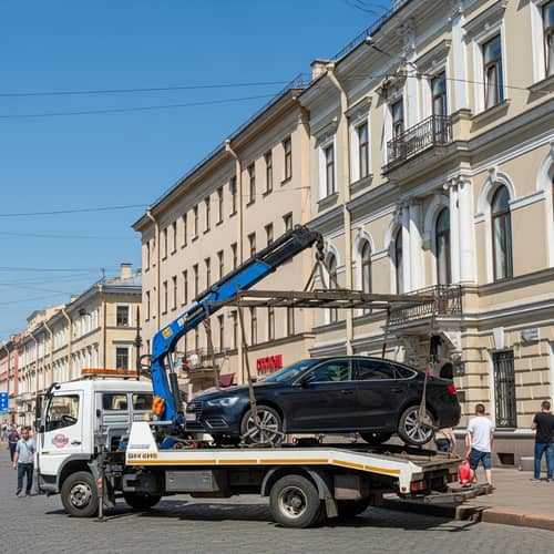 Tow Truck Transporting Modern Car in St. Petersburg | Urban Scene