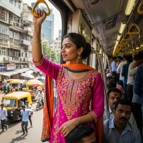 Young Indian Woman Travelling in Mumbai Local Train