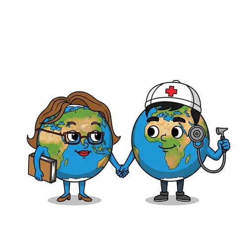 Cartoon Image: Earth Teacher & Medical Student Holding Hands