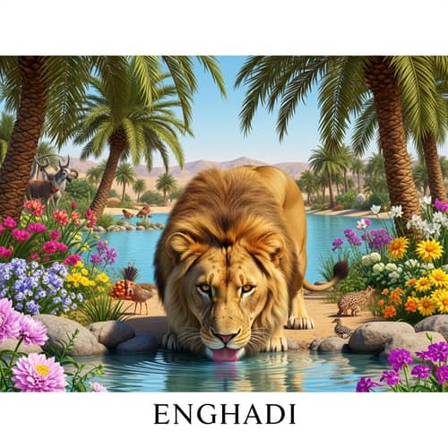Enghadi Oasis: Majestic Lion Drinking Water in Vigilant Stare