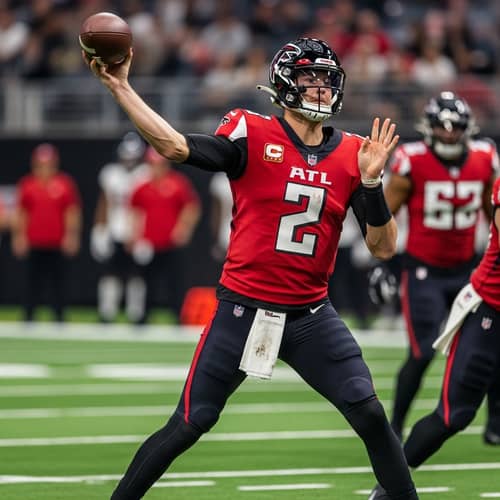 Tall Male Athlete in Scarlet American Football Uniform | Atlanta QB