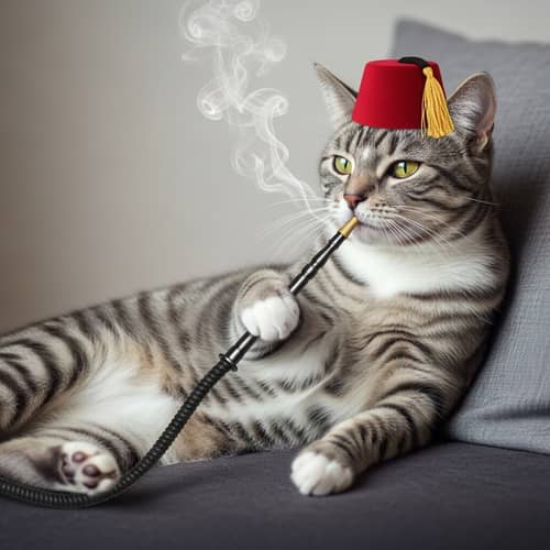 Stylish Domestic Cat with Fez Smoking Hookah
