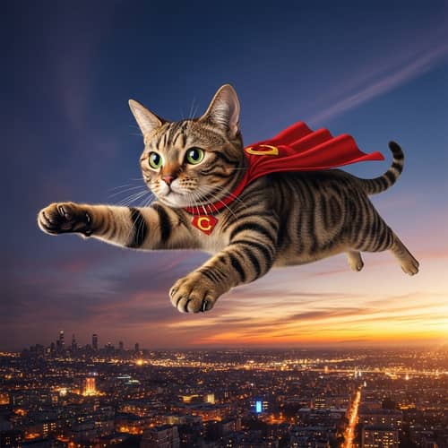 Superhero Cat Flying in the Sky - Amazing Action Shot