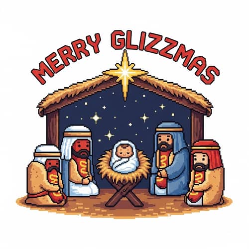 Merry Glizzmas: Pixel Art Nativity Scene with Charming Hotdog Characters