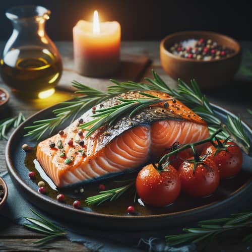 Sumptuous Salmon Steak with Fresh Rosemary and Juicy Tomatoes