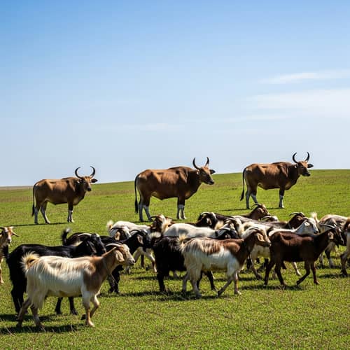 Serene Grassland Scene: Goats Grazing Among Banteng Bulls