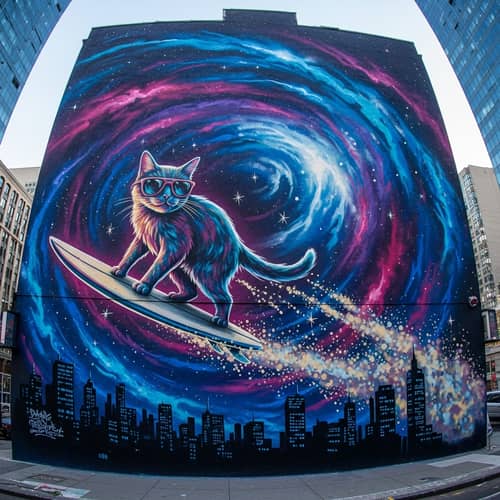 Cat Surfing Through Space - Vibrant Urban Art