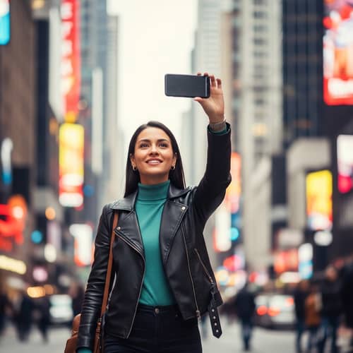 Sleek Brunette Woman Capturing Urban Energy | Chic Cityscape
